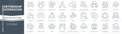 Partnership and cooperation linear signed icon collection. Signed thin line icons collection. Set of partnership and cooperation simple outline icons