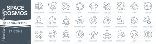 Space and cosmos linear signed icon collection. Signed thin line icons collection. Set of space and cosmos simple outline icons