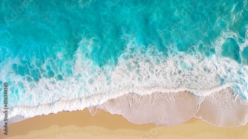 Aerial View of Sandy Tropical Beach and Ocean with Waves Lanscape. AI generative