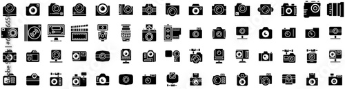 Set Of Camera Icons Isolated Silhouette Solid Icon With Lens, Illustration, Photo, Equipment, Digital, Photography, Camera Infographic Simple Vector Illustration Logo