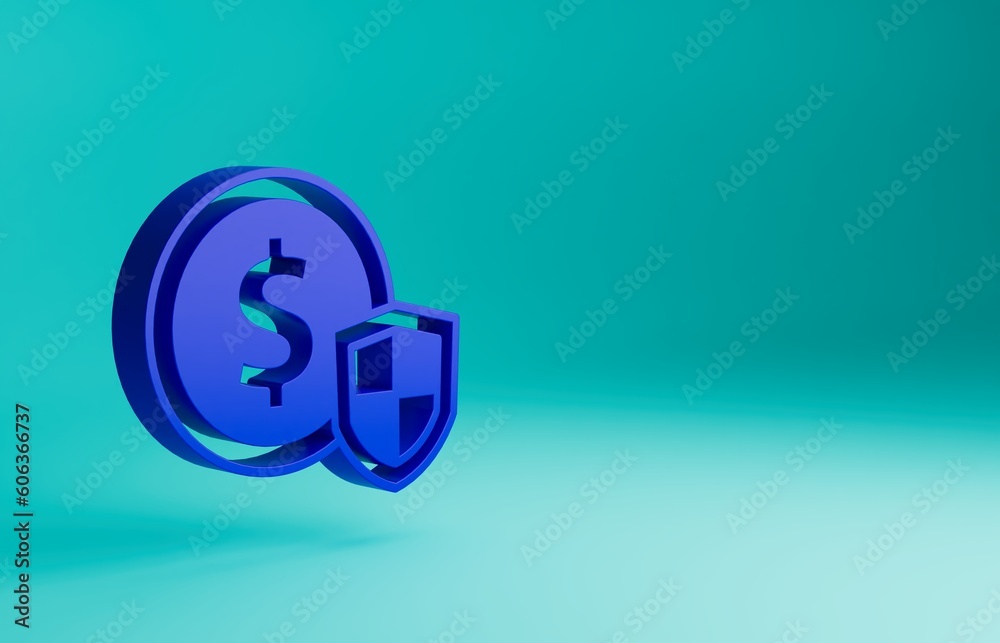 Obraz premium Blue Money with shield icon isolated on blue background. Insurance concept. Security, safety, protection, protect concept. Minimalism concept. 3D render illustration