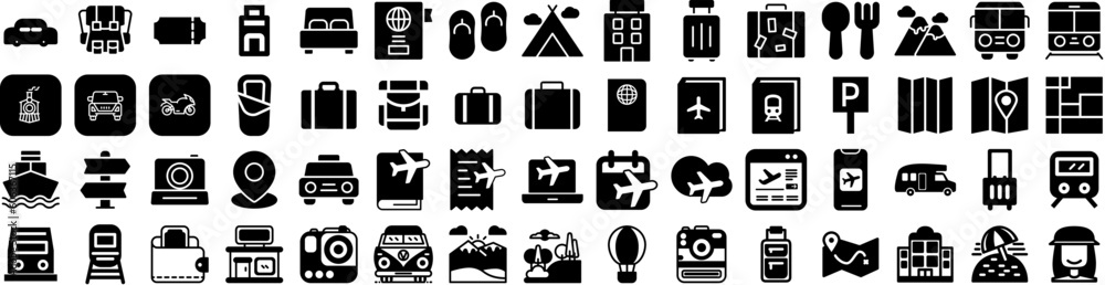 Set Of Travel Icons Isolated Silhouette Solid Icon With Vacation, Tourism, Journey, Holiday, Airplane, Trip, Travel Infographic Simple Vector Illustration Logo