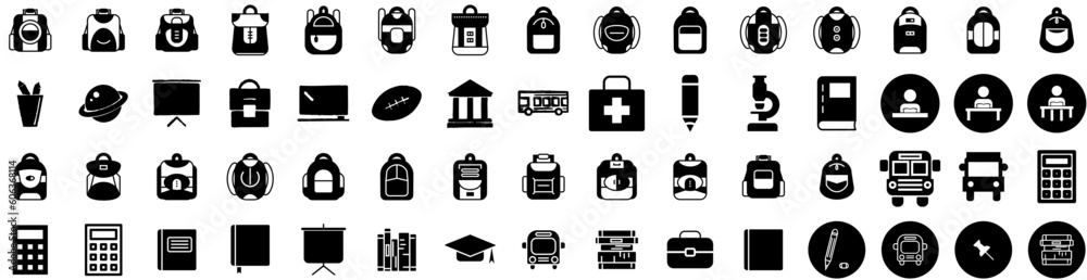 Set Of School Icons Isolated Silhouette Solid Icon With Education, Book, Concept, Study, Student, School, Back Infographic Simple Vector Illustration Logo Set Of School Icons Isolated Silhouette Solid Icon With Education, Book, Concept, Study, Student, School, Back Infographic Simple Vector Illustration Logo