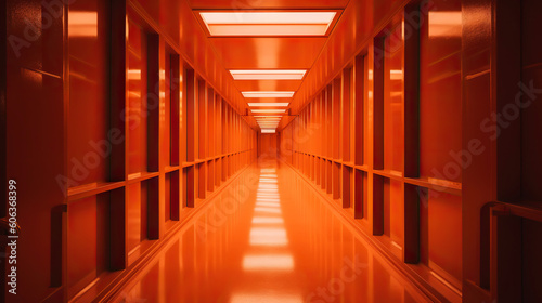 Orange abstract futuristic tunnel with neon lines. Generative AI