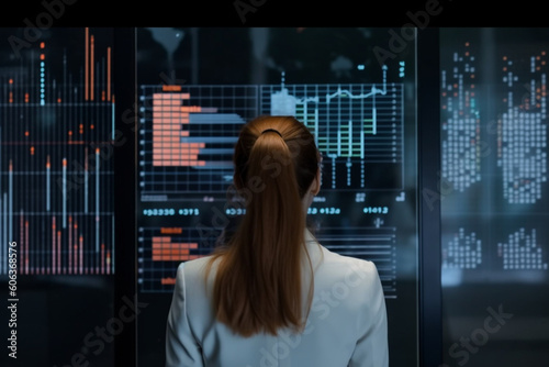 rear view of businesswoman in glasses standing near the display stock data