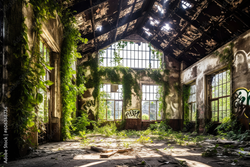 an abandoned industrial building reclaimed by nature, with vines climbing up the walls - Generative A