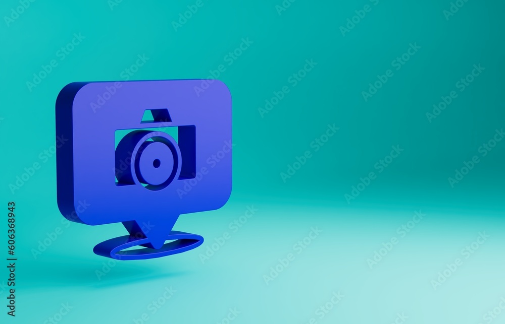 Blue Photo camera icon isolated on blue background. Foto camera. Digital photography. Minimalism concept. 3D render illustration Blue Photo camera icon isolated on blue background. Foto camera. Digital photography. Minimalism concept. 3D render illustration