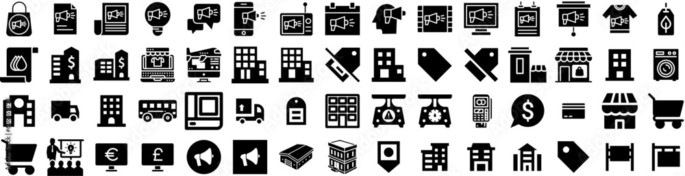 Set Of Commercial Icons Isolated Silhouette Solid Icon With Modern, Office, Building, Architecture, Business, City, Commercial Infographic Simple Vector Illustration Logo