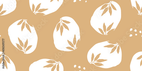 Seamless pattern with cute hand drawn round shapes and leaves. Beige color background. Vector illustration.