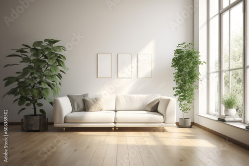 A modern living room with blank frames, white sofa, and potted plants. Ai generative. © remake