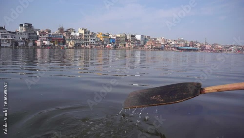 Low angle view of vrindavan ghat from yamuna river photo