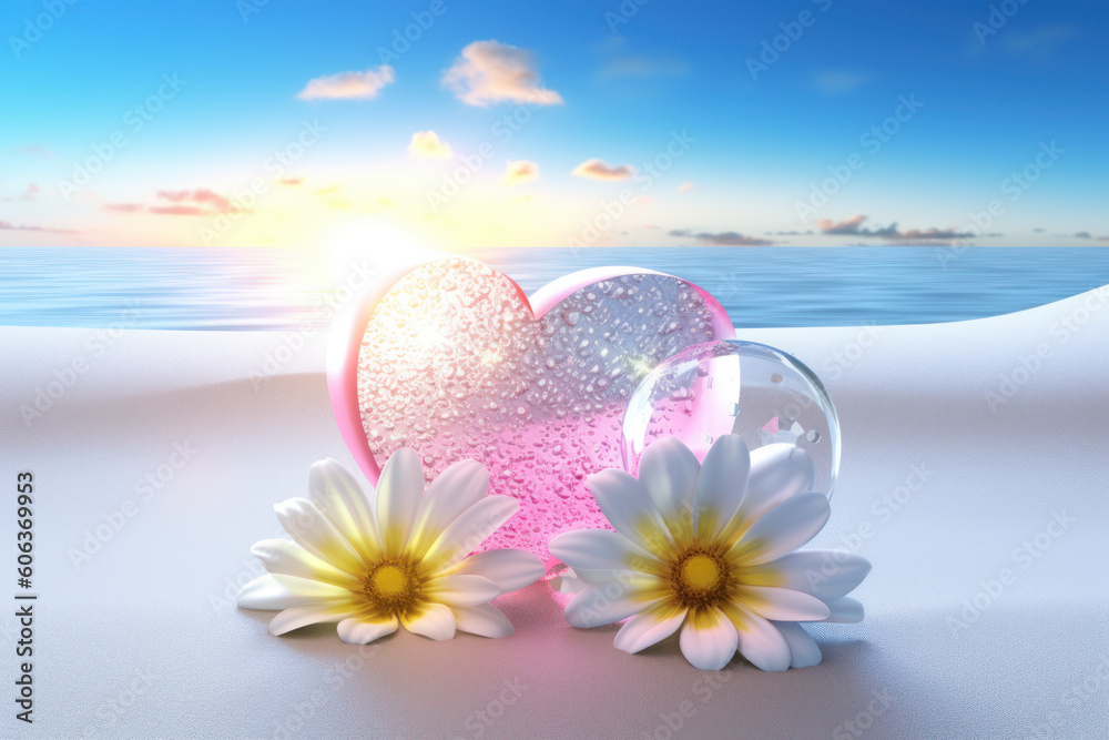 Φωτογραφία A beautiful heart made of glass sits among vibrant flowers with a stunning sunset beach background, perfect for romantic designs