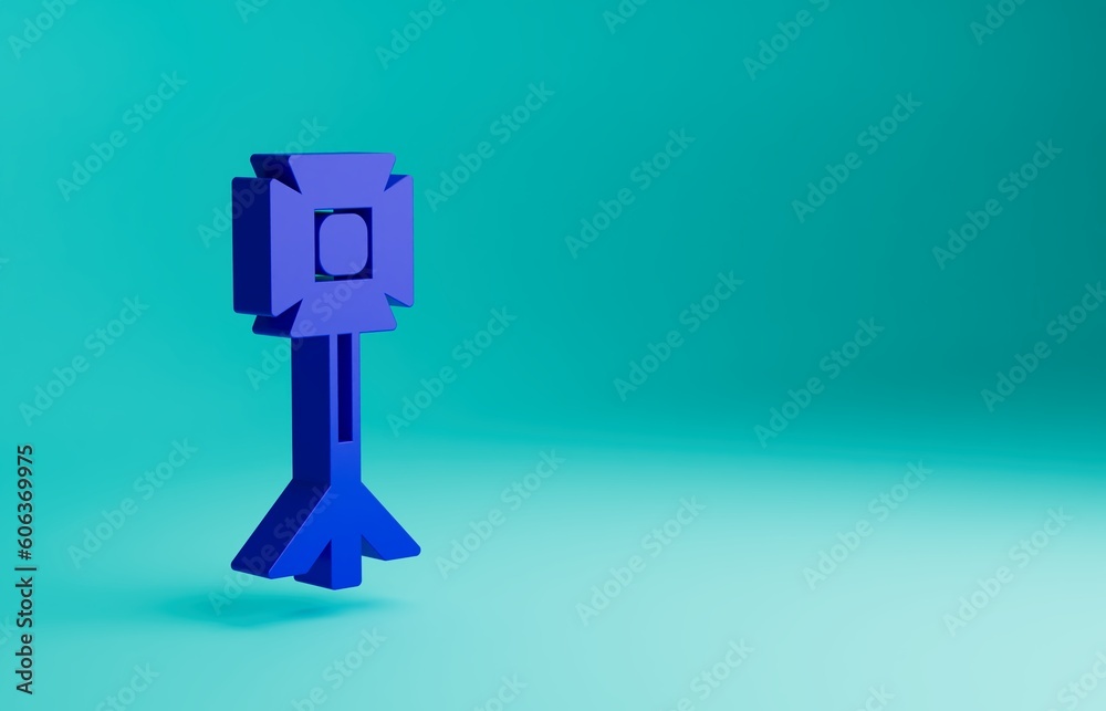 Blue Studio light bulb in softbox icon isolated on blue background. Shadow reflection design. Minimalism concept. 3D render illustration Blue Studio light bulb in softbox icon isolated on blue background. Shadow reflection design. Minimalism concept. 3D render illustration