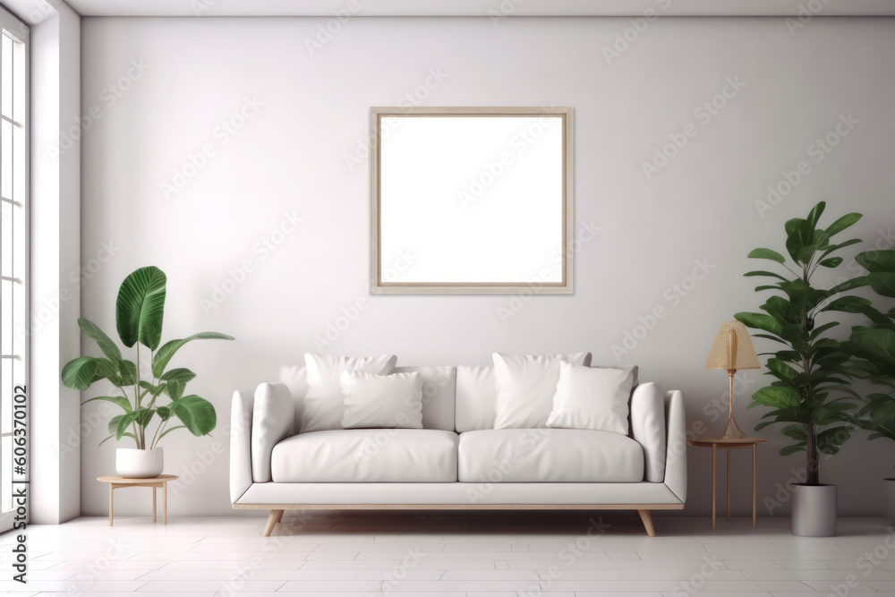 Naklejka premium A modern living room with a white couch, potted plants, and a blank frame on the wall. Ai generative.