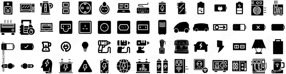 Set Of Electric Icons Isolated Silhouette Solid Icon With Technology, Electricity, Station, Car, Vehicle, Power, Energy Infographic Simple Vector Illustration Logo