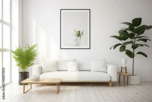 A modern domestic living room with a white couch, potted plants, and a blank frame on the wall Ai generative.