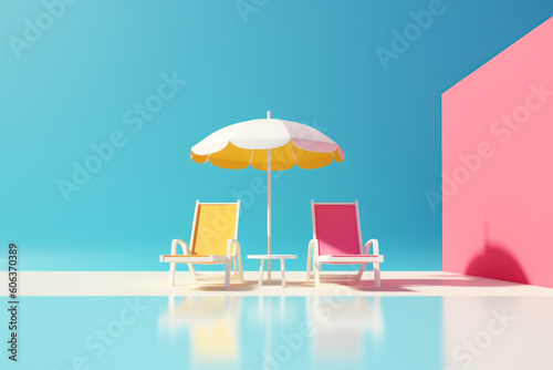 Sun loungers and umbrellas on a blue background for ultimate relaxation. Perfect for summer vacations. Ai generative.