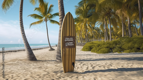 Surfboard and palm tree on beach with beach sign for surfing area. Travel adventure and water sport. relaxation and summer vacation concept. Generative Ai © maniacvector