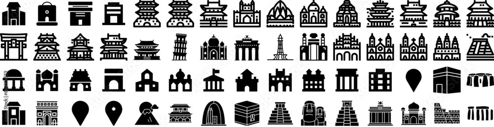 Set Of Landmark Icons Isolated Silhouette Solid Icon With Europe, Architecture, Tourism, Tower, Travel, Landmark, Famous Infographic Simple Vector Illustration Logo