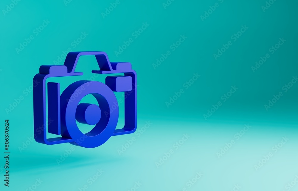 Blue Photo camera icon isolated on blue background. Foto camera. Digital photography. Minimalism concept. 3D render illustration Blue Photo camera icon isolated on blue background. Foto camera. Digital photography. Minimalism concept. 3D render illustration
