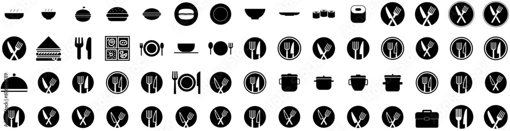 Set Of Lunch Icons Isolated Silhouette Solid Icon With Healthy, Food, Snack, Lunch, School, Nutrition, Meal Infographic Simple Vector Illustration Logo