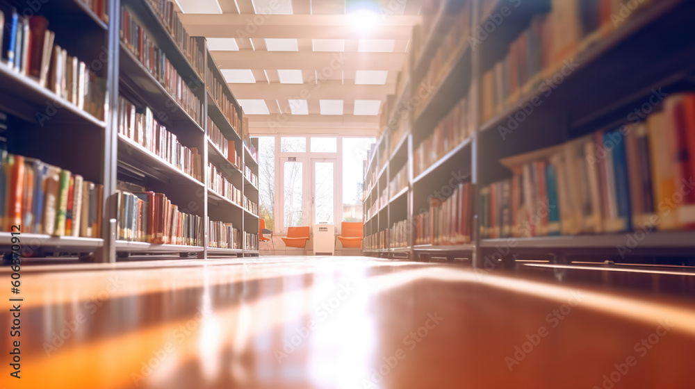 blurry college library. Bookshelves and a classroom in blurry focus. use as a backdrop or background in concepts for book stores, businesses, or educational materials. Generative Ai