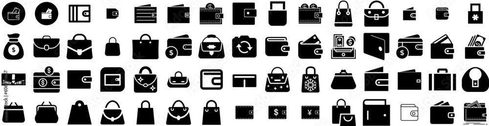 Set Of Purse Icons Isolated Silhouette Solid Icon With Handbag, Bag, Purse, Background, Female, Woman, Style Infographic Simple Vector Illustration Logo