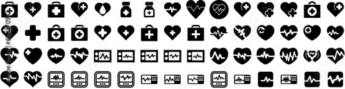 Set Of Pulse Icons Isolated Silhouette Solid Icon With Graphic, Pulse, Illustration, Wave, Background, Beat, Healthy Infographic Simple Vector Illustration Logo