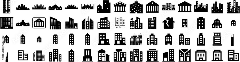 Set Of Skyscraper Icons Isolated Silhouette Solid Icon With Skyscraper, Architecture, City, Urban, Business, Office, Tower Infographic Simple Vector Illustration Logo