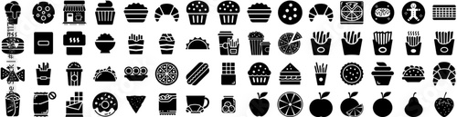 Set Of Snack Icons Isolated Silhouette Solid Icon With Background, Food, Fast, Junk, Bar, Snack, Chips Infographic Simple Vector Illustration Logo