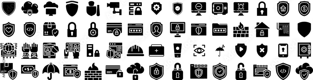 Set Of Protection Icons Isolated Silhouette Solid Icon With Shield, Safety, Secure, Protection, Technology, Protect, Concept Infographic Simple Vector Illustration Logo Set Of Protection Icons Isolated Silhouette Solid Icon With Shield, Safety, Secure, Protection, Technology, Protect, Concept Infographic Simple Vector Illustration Logo