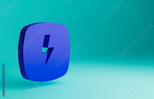 Blue Lightning bolt icon isolated on blue background. Flash sign. Charge flash icon. Thunder bolt. Lighting strike. Minimalism concept. 3D render illustration