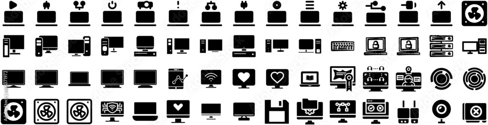 Set Of Computer Icons Isolated Silhouette Solid Icon With Business, Computer, Display, Laptop, Modern, Technology, Screen Infographic Simple Vector Illustration Logo