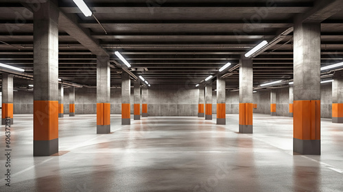 Empty shopping mall underground parking lot or garage interior with concrete stripe painted columns created by generative AI