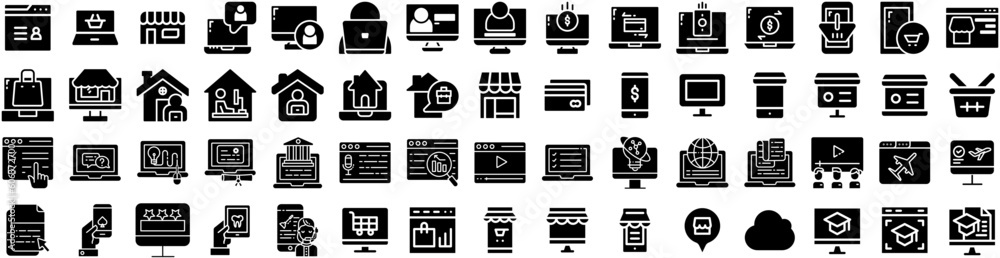 Set Of Online Icons Isolated Silhouette Solid Icon With Business, Store, Technology, Digital, Internet, Online, Concept Infographic Simple Vector Illustration Logo Set Of Online Icons Isolated Silhouette Solid Icon With Business, Store, Technology, Digital, Internet, Online, Concept Infographic Simple Vector Illustration Logo