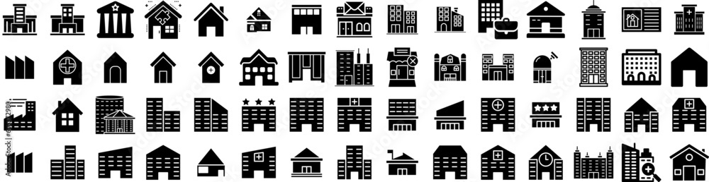 Set Of Building Icons Isolated Silhouette Solid Icon With Office, Architecture, Construction, Business, City, Building, Urban Infographic Simple Vector Illustration Logo