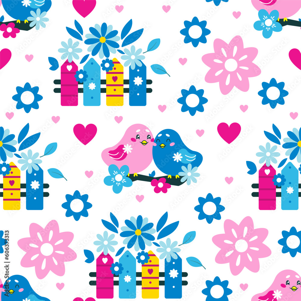 Vector seamless pattern with a pair of cute birds sitting on a branch, flowers and a fence. Summer or spring background. Great for wallpaper design, clothing, textile printing, wrapping paper and more