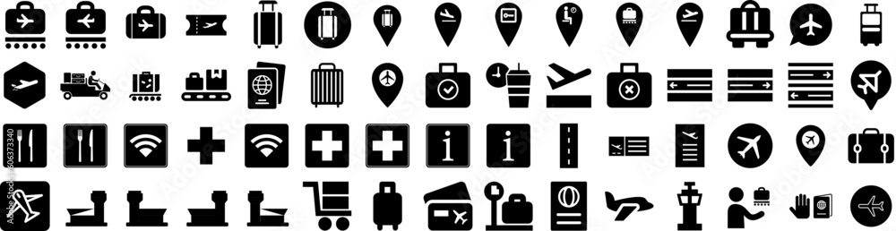 Set Of Airport Icons Isolated Silhouette Solid Icon With Business, Airport, Flight, Travel, Departure, Airplane, Terminal Infographic Simple Vector Illustration Logo