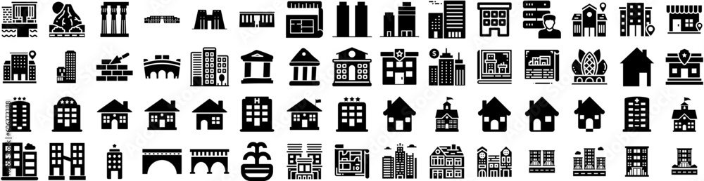 Set Of Architecture Icons Isolated Silhouette Solid Icon With Background, Construction, Modern, Structure, Design, Building, Architecture Infographic Simple Vector Illustration Logo