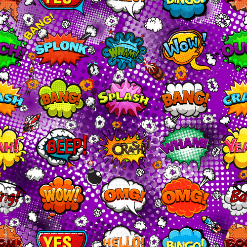 Comic book speech bubbles seamless pattern on purple background. Cartoon-style vector illustration.