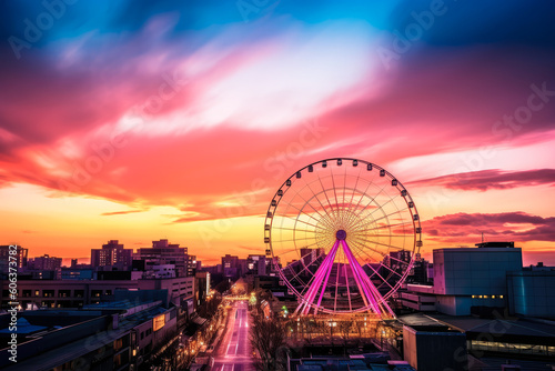 a Ferris wheel spinning against a colorful sunset sky - Generative A