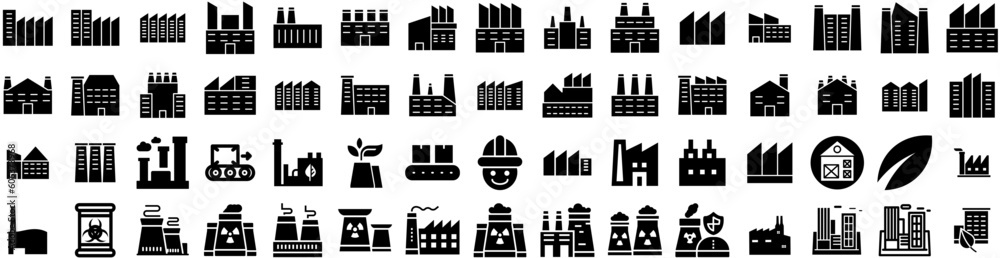 Set Of Factory Icons Isolated Silhouette Solid Icon With Factory, Industry, Production, Technology, Manufacturing, Plant, Industrial Infographic Simple Vector Illustration Logo Set Of Factory Icons Isolated Silhouette Solid Icon With Factory, Industry, Production, Technology, Manufacturing, Plant, Industrial Infographic Simple Vector Illustration Logo