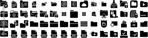 Set Of Folder Icons Isolated Silhouette Solid Icon With File, Paper, Illustration, Business, Document, Open, Folder Infographic Simple Vector Illustration Logo