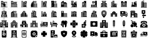 Set Of Hospital Icons Isolated Silhouette Solid Icon With Doctor, Medical, Health, Clinic, Hospital, Patient, Care Infographic Simple Vector Illustration Logo