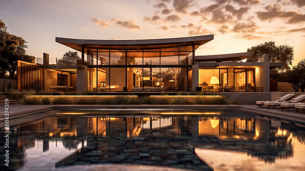 Fototapeta premium Beautiful Luxury Home with Swimming Pool at Sunset. Generative Ai