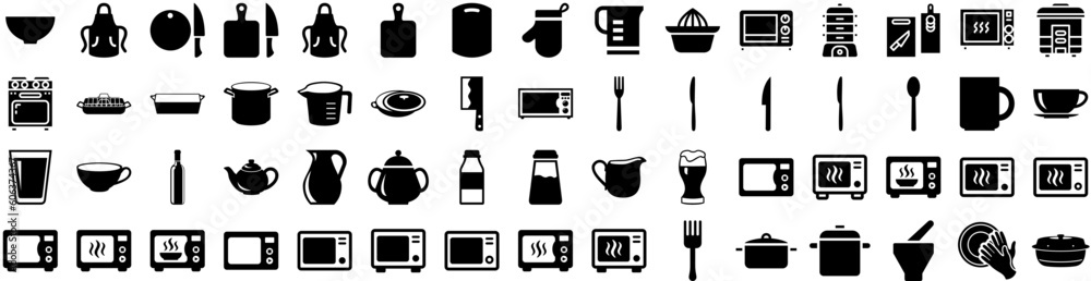 Set Of Kitchenware Icons Isolated Silhouette Solid Icon With Kitchen, Equipment, Food, Kitchenware, Set, Cook, Cooking Infographic Simple Vector Illustration Logo
