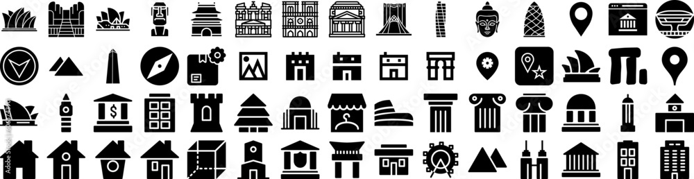 Set Of Landmark Icons Isolated Silhouette Solid Icon With Famous, Travel, Europe, Architecture, Tourism, Tower, Landmark Infographic Simple Vector Illustration Logo