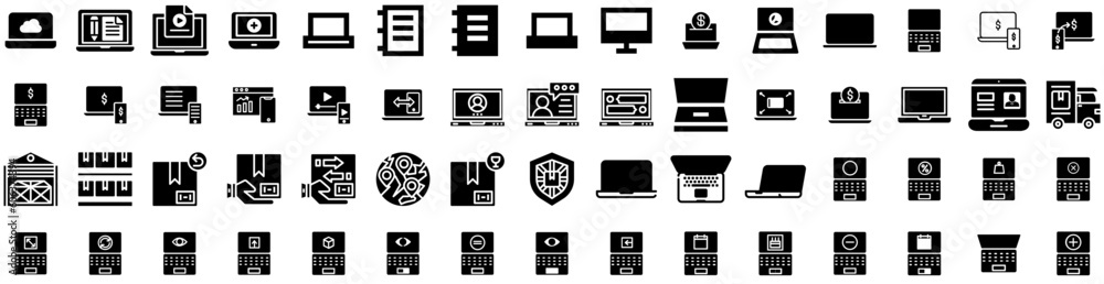 Set Of Laptop Icons Isolated Silhouette Solid Icon With Notebook, Design, Isolated, Screen, Computer, Laptop, Technology Infographic Simple Vector Illustration Logo Set Of Laptop Icons Isolated Silhouette Solid Icon With Notebook, Design, Isolated, Screen, Computer, Laptop, Technology Infographic Simple Vector Illustration Logo
