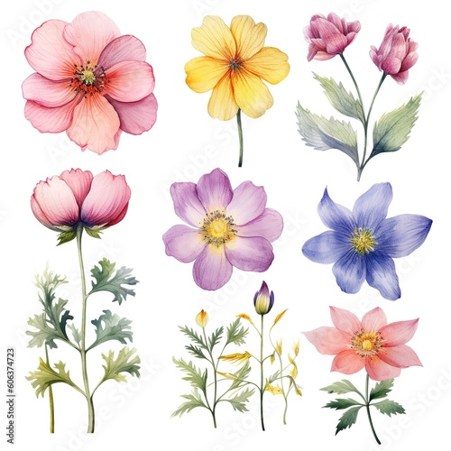 set of watercolor flowers, Generative AI