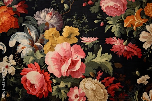 Beautiful and elegant background of floral fabric representing spring flowers on a black backdrop. Generative AI